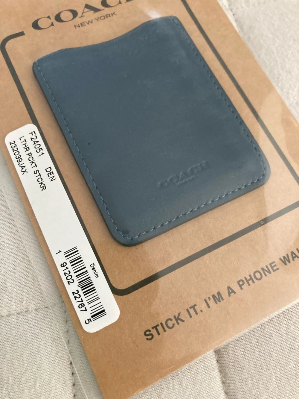 Coach Leather Card Sleeve Holder in Slate Blue to Stick to Phone